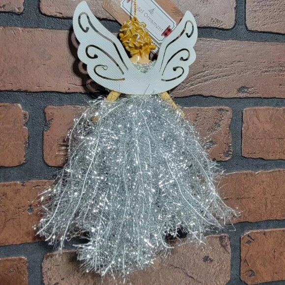 Angel Ornament ~ Holiday Decorations ~ Silver Tinsel, Beads, Jewel ~ 8 Inch - Picture 2 of 3